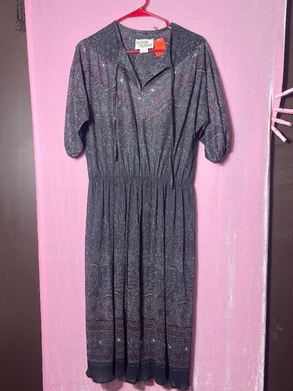 VINTAGE Late 70's- Early 80's blouson dress, micro print accordion pleated skirt
